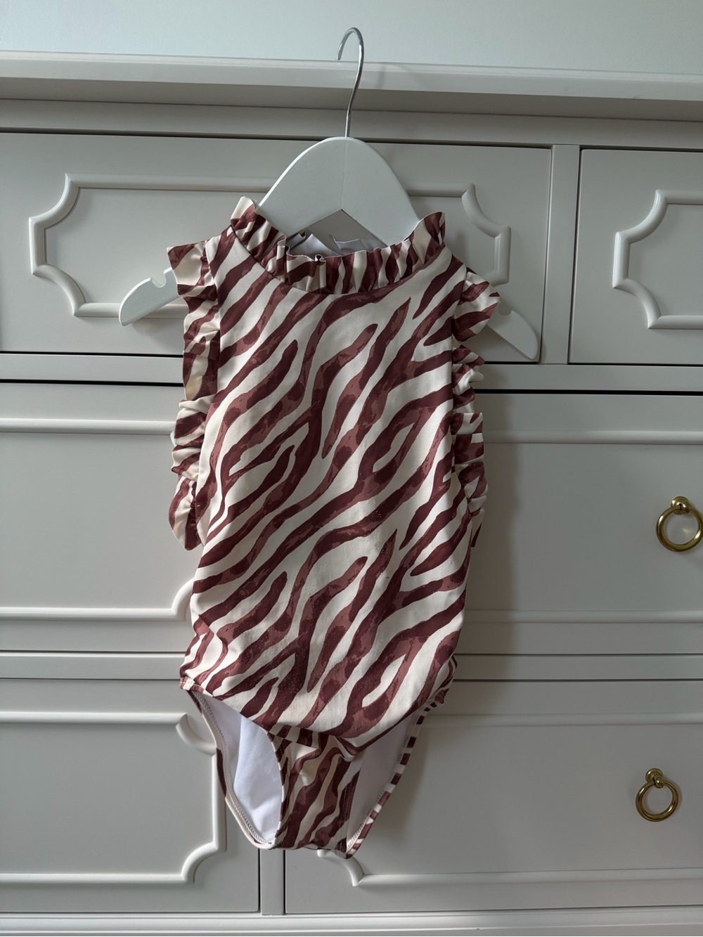 Janie and Jack White and Brown Zebra Stripe Ruffle One-Piece Swim
